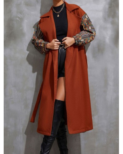 Women Outerwear For Woman Coffee Brown Printed Maxi Coat Classic  Traditional Casual Street Wear Night Out Field