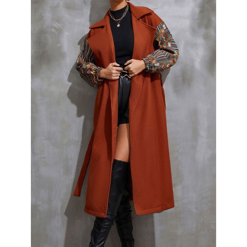 Women Outerwear For Woman Coffee Brown Printed Maxi Coat Classic  Traditional Casual Street Wear Night Out Field