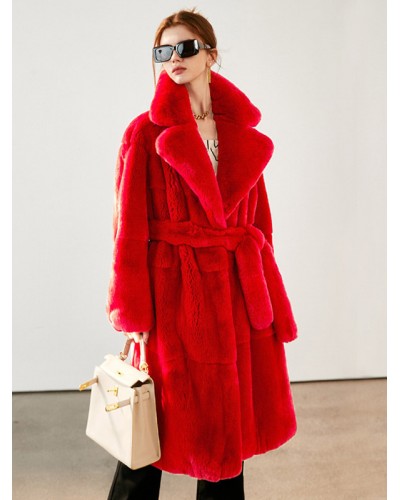 Faux Fur Coats Red No Waistline Long Sleeves Lace-up Women Coat Faux Fur Coat