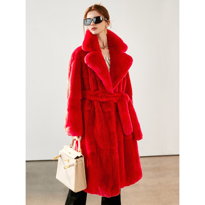 Faux Fur Coats Red No Waistline Long Sleeves Lace-up Women Coat Faux Fur Coat