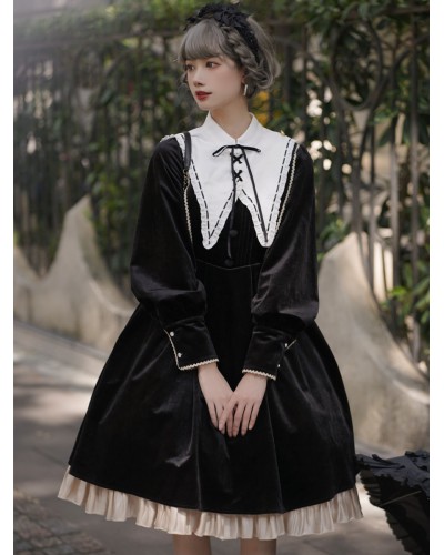 Lolita Dress 2-Piece Set Polyester Accessory Long Sleeves Ruffles Black Lolita Jumper Skirt