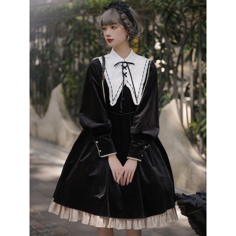 Lolita Dress 2-Piece Set Polyester Accessory Long Sleeves Ruffles Black Lolita Jumper Skirt