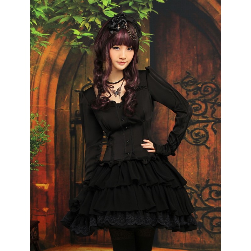 Classic Ruffles Long Sleeves Black Lolita Outfits Classic  Traditional