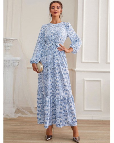 Women Blue Maxi Dress Jewel Neck Long Sleeves Print Long Dress Sweet Spring Fall