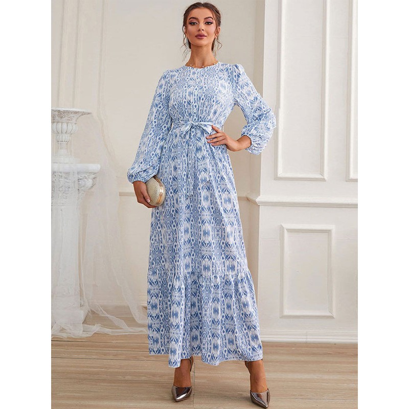 Women Blue Maxi Dress Jewel Neck Long Sleeves Print Long Dress Sweet Spring Fall