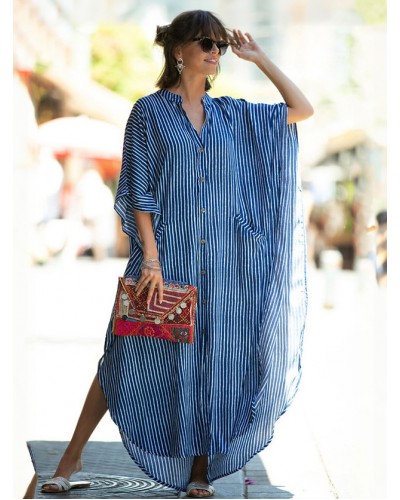 Women Maxi Shirt Midi Dress Leopard V-Neck Buttons 3/4 Length Sleeves Stripes Oversized Dresses Shift Summer