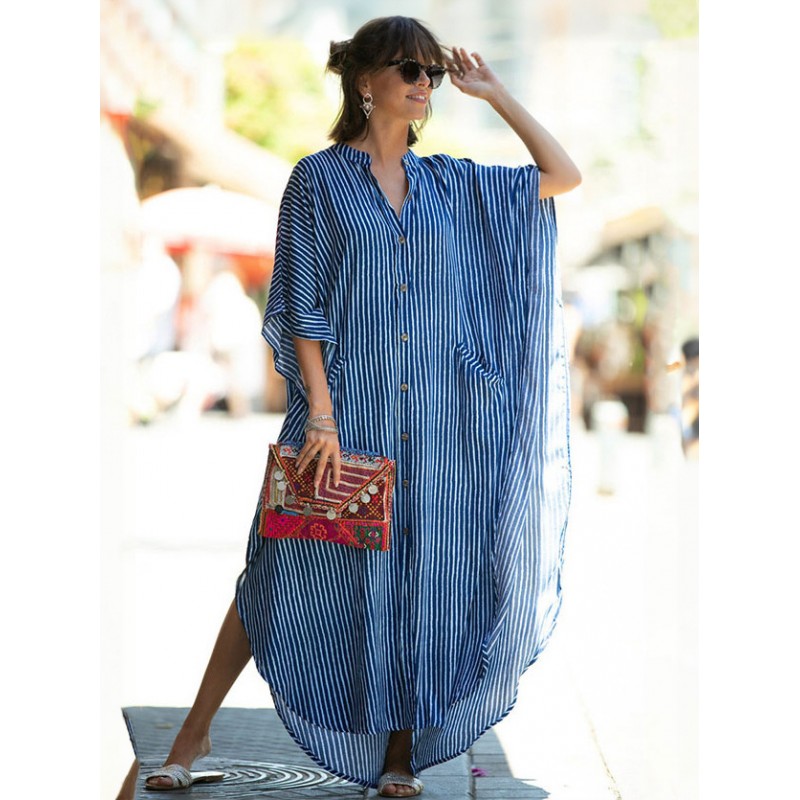 Women Maxi Shirt Midi Dress Leopard V-Neck Buttons 3/4 Length Sleeves Stripes Oversized Dresses Shift Summer