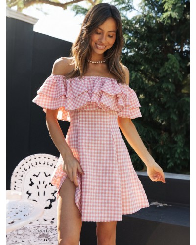 Barbie Pink Gingham Dress Bateau Neck Ruffles Plaid Mini Dress Summer Resort Wear