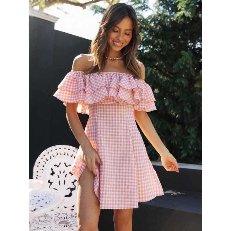 Barbie Pink Gingham Dress Bateau Neck Ruffles Plaid Mini Dress Summer Resort Wear