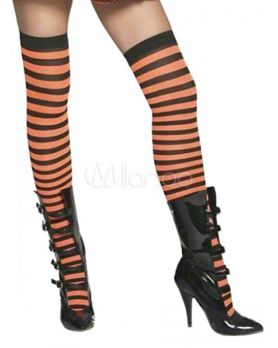 Women Halloween Stripes Print Stockings Orange Over The Knee Cosplay Stockings