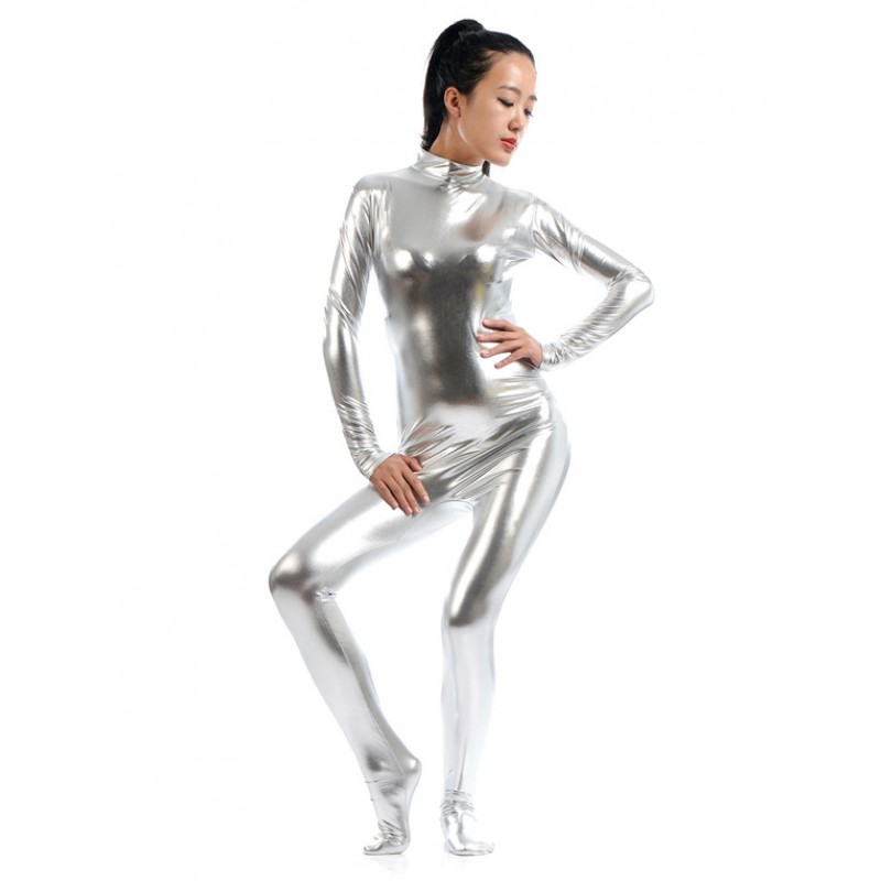 Women Silver Adults Bodysuit Cosplay Jumpsuit Shiny Metallic Catsuit Solid