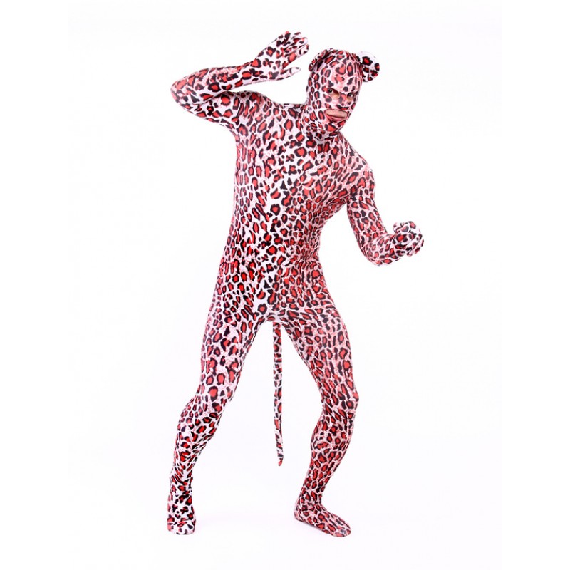 Morph Suit Red Leopard Style Catsuit Lycra Spandex With Mouth And Eyes Opened Bodysuit