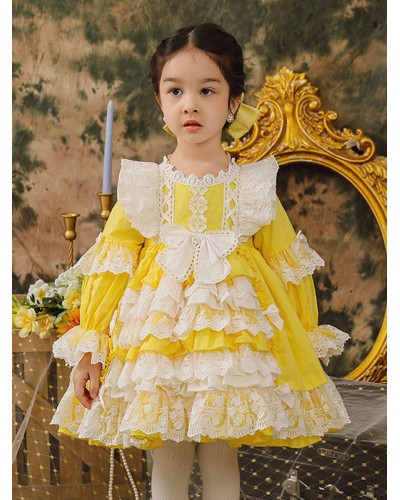 Polyester Tea Party Lace Long Sleeves Cotton Summer Dress ROCOCO Style Yellow Kids' Lolita Dresses