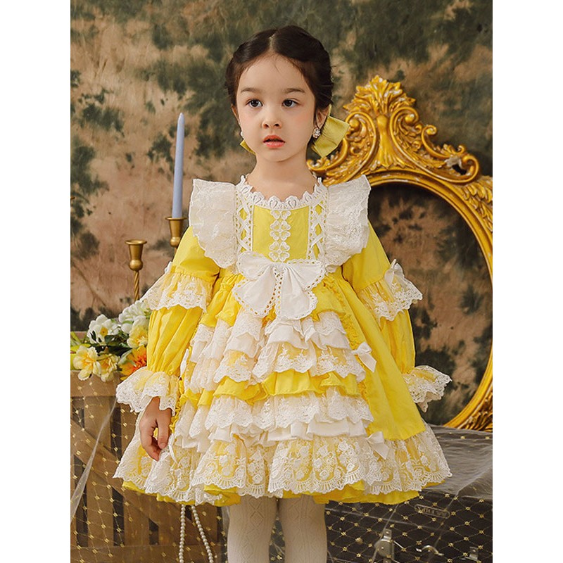 Polyester Tea Party Lace Long Sleeves Cotton Summer Dress ROCOCO Style Yellow Kids' Lolita Dresses