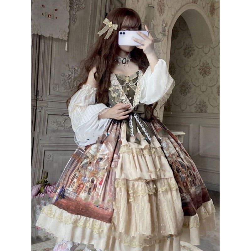 Classic Lolita JSK Dress Green Long Sleeve Ruffles Lace Bows Lolita One Jumper Skirt