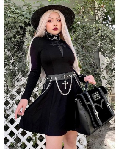 Lolita Punk Dress High Collar Long Sleeves Polyester Black Short Dress Steampunk Gothic Fall Winter