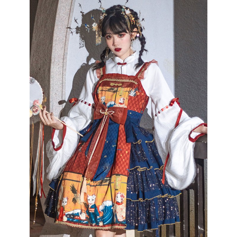 Chinese Style Lolita Ukiyoe White Long Sleeves Lace Up Lolita Top Blouses Tea Party