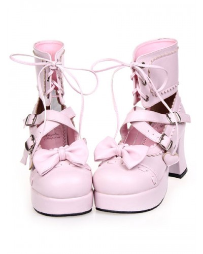 Lace-Up Bow Pink Leather Platform Round Toe Lolita Shoes Classic  Traditional Street Wear