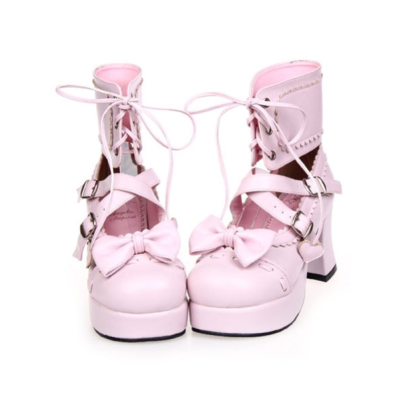 Lace-Up Bow Pink Leather Platform Round Toe Lolita Shoes Classic  Traditional Street Wear