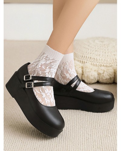 Academic Lolita Footwear Black Round Toe Wedge Heel PU Leather Lolita Pumps