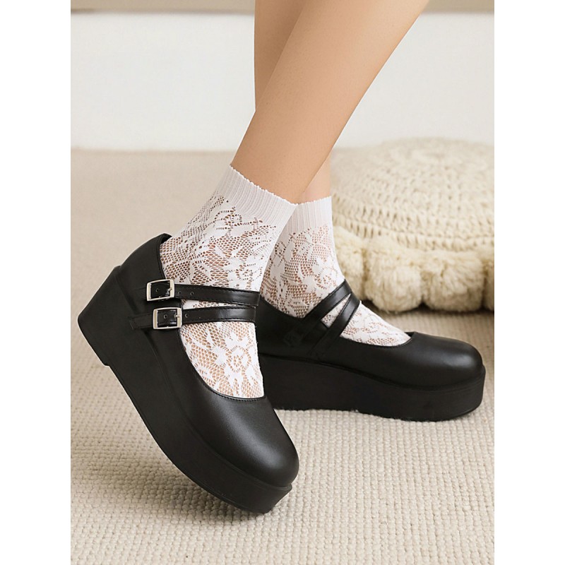 Academic Lolita Footwear Black Round Toe Wedge Heel PU Leather Lolita Pumps