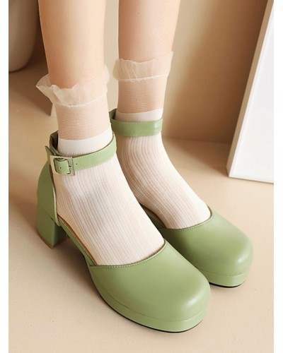 Lolita Sandals Green PU Leather Round Toe Chunky Heel Lolita Summer Ankle Strap Heels Sweet Daily Casual