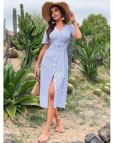 Floral Print Classic V-Neck Midi Dress Classic  Traditional Street Wear