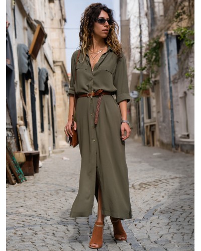 Women Maxi Dresses Long Sleeves Chiffon Shirt Dress Casual Spring