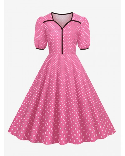 Retro Dress 1950s Audrey Hepburn Style Pink Short Sleeves Sweetheart Neck Swing Dress Vintage Casual Summer