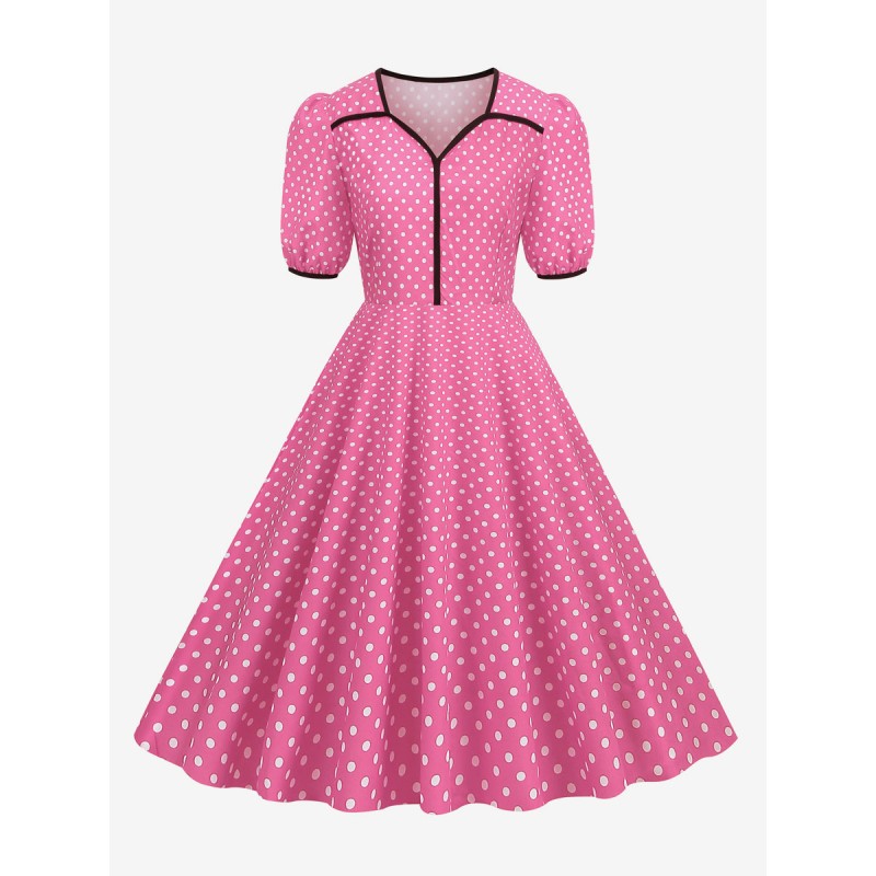 Retro Dress 1950s Audrey Hepburn Style Pink Short Sleeves Sweetheart Neck Swing Dress Vintage Casual Summer