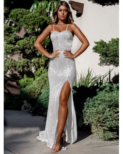 Women Party Dresses White Straps Neck Sequins Sleeveless Backless Semi Formal Dress Maxi Spring Summer Fall