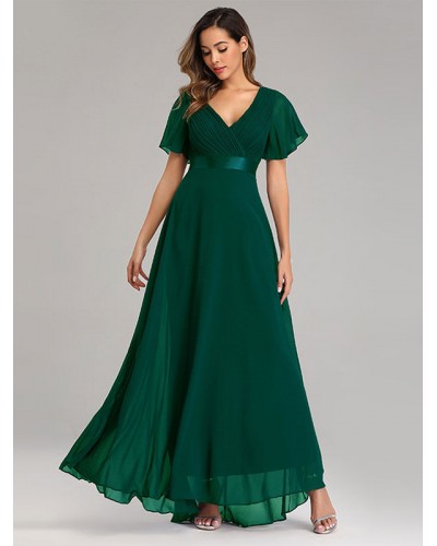 Women Chiffon Prom Dresses V-Neck Short Sleeves Semi Formal Maxi Dress Elegant Summer