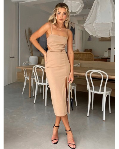 Dresses Light Apricot Sleeveless Split Front Chic Straps Neck High-slit Midi Dress Sheath Dress Bodycon Street Wear Daily Casual