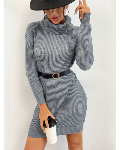 Women Knitted Dress Pretty Long Sleeves Turndown Collar Sweater Fall Winter