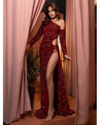 Sequin Dresses Cut-Out High-slit Semi Formal Long Dress Sexy Party Birthday