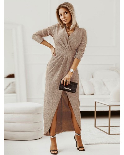 Women V-Neck Maxi Dress 3/4 Length Sleeves Sexy Long Dress Chic  Modern Spring Fall