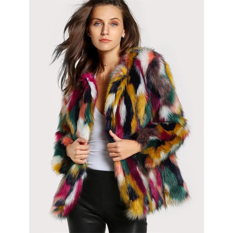 Women Plush Faux Fur Coat Color Block Outerwear Classic  Traditional Casual Fall Winter Street Wear Field Dating