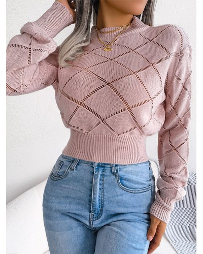 Women Pullover Sweater Pink Cut Out Jewel Neck Long Sleeves Acrylic Sweaters Sexy Street Wear Dating