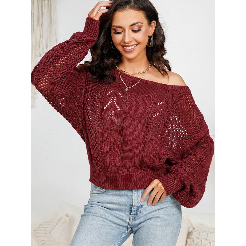 Pullovers For Women Burgundy Cut Out Long Sleeves Oversized Sweaters Casual Daily Casual Field Party