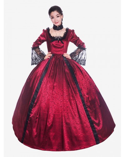 Women Victorian Dress Costume 's Bows Lace Satin Trumpet Long Sleeves Square Neckline Victorian Era Style Dress Vintage Clothing Sets Victorian Era