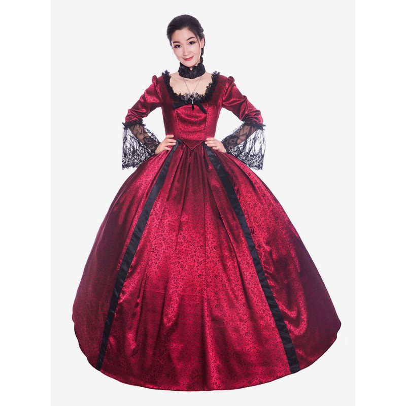 Women Victorian Dress Costume 's Bows Lace Satin Trumpet Long Sleeves Square Neckline Victorian Era Style Dress Vintage Clothing Sets Victorian Era