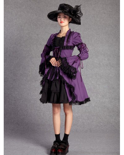 Gothic Lolita OP One Piece Dress Square Neck Bell Sleeve Purple Lolita Dress