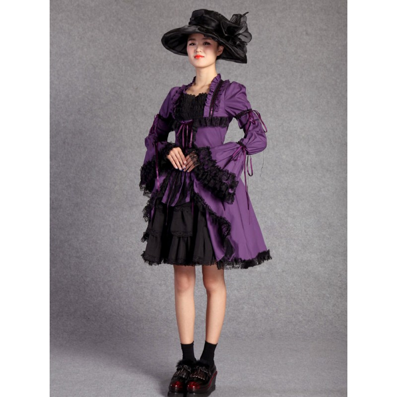 Gothic Lolita OP One Piece Dress Square Neck Bell Sleeve Purple Lolita Dress