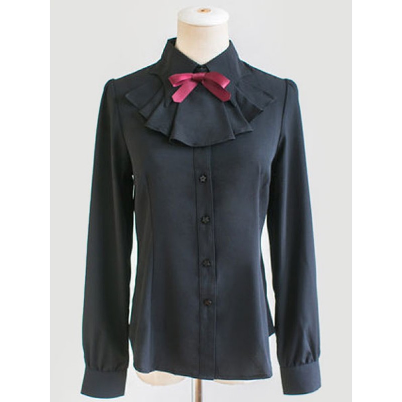 Classic Lolita Shirt Ruffle Bowknot Button Chiffon Black Lolita Blouse Spring Fall