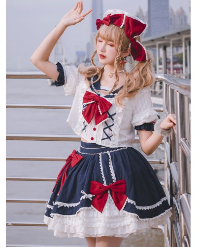 Navy Style Lolita Outfits Deep Blue Ruffles Bows Short Sleeves Top Skirt Sets Navy Style Daily Casual Tea Party