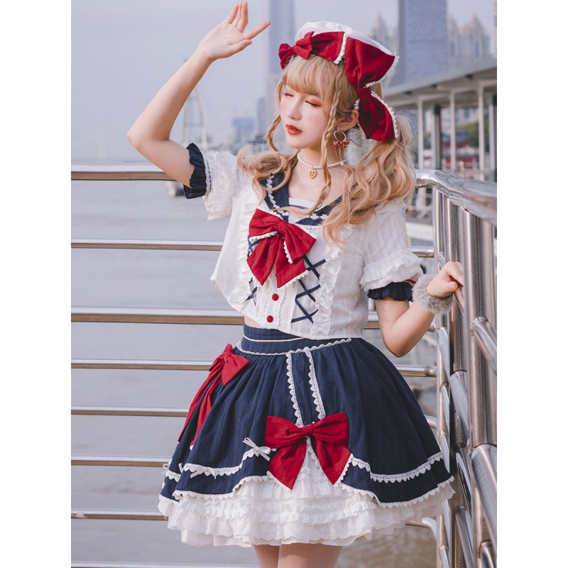 Navy Style Lolita Outfits Deep Blue Ruffles Bows Short Sleeves Top Skirt Sets Navy Style Daily Casual Tea Party