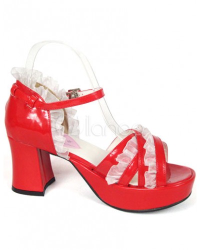 Red 3'' Chunky Heel Platform Buckle Lolita Sandals