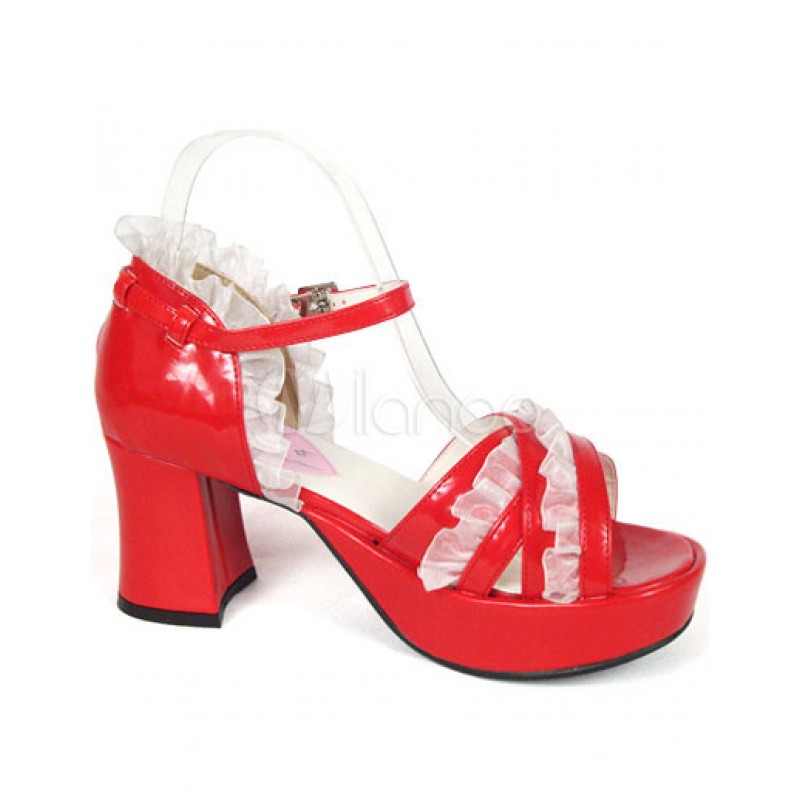 Red 3'' Chunky Heel Platform Buckle Lolita Sandals