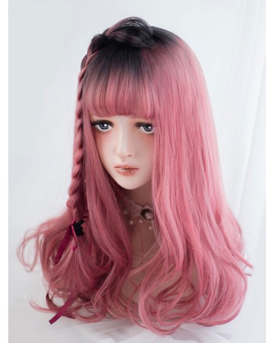 Sweet Lolita Wig Blunt Fringe Crimped Curls Crimped Curls Magenta Long Lolita Wig Wigs Harajuku Fashion