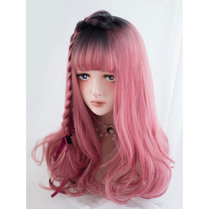 Sweet Lolita Wig Blunt Fringe Crimped Curls Crimped Curls Magenta Long Lolita Wig Wigs Harajuku Fashion